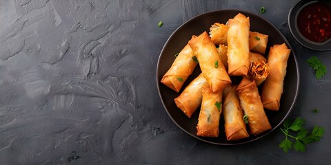 Wall Mural - Spicy Deep-Fried Egg Rolls The Iconic Filipino Dish Dynamite Lumpia. Concept Filipino cuisine, Spicy finger food, Dynamite lumpia recipe, Deep-fried crispy treats