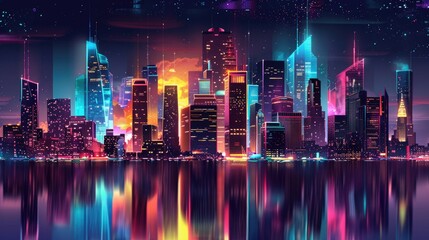Wall Mural - colorful futuristic city background.  modern city and skyscrapers with neon futuristic technology background, virtual reality 