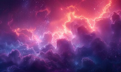Colorful neon clouds adorn an abstract fantasy sky beneath a purple and blue banner.