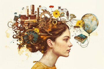 Poster - An AI collage depicting a serious lady working on multiple tasks at once