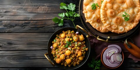 Wall Mural - Chole Bhature A Traditional Indian Dish on a Rustic Background. Concept Food Photography, Indian Cuisine, Authentic Flavors, Cultural Heritage, Rustic Setting