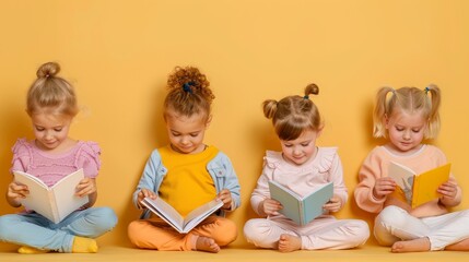 Poster - Collage picture of happy smiling small children enjoying reading a book on a beige background as part of a magazine artwork