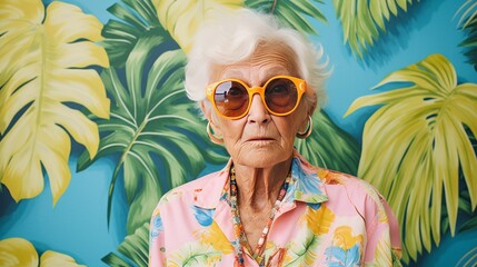 Wall Mural - An elderly woman in a Hawaiian shirt against a tropical themed background