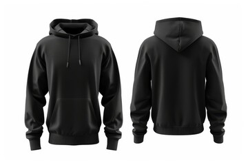 Blank black hoodie template for design mockup, on a white background, with natural shape from both sides