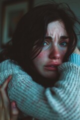 Wall Mural - A woman with a red face and a blue sweater