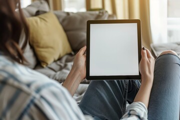 Wall Mural - Typical home scene showing a woman holding a laptop with blank desktop while lying on a couch