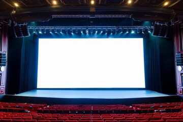 Wall Mural - Presented is a blank stage mockup for events or business conferences. The aspect ratio is 16:9. The stage is enclosed with a chair.