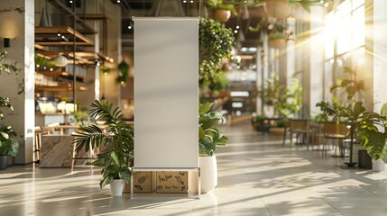 Poster - Featured in a shopping center restaurant mall environment is a mockup of an empty poster stand banner design with an empty copy space