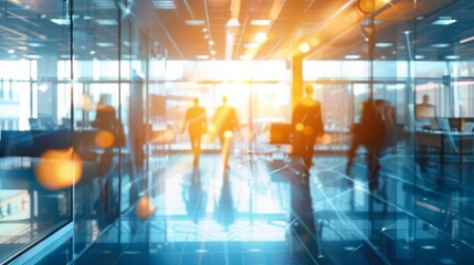 Aufkleber - A blurry image of several people walking through a modern office entrance. The image is taken from a low angle and the figures are backlit by bright sunlight