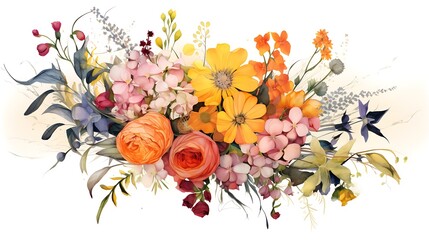 Wall Mural - Mixed media floral design summer flower bouquet with botanical art. Generative Ai