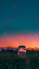 Poster - Glass with light bulbs on the lawn under the stars