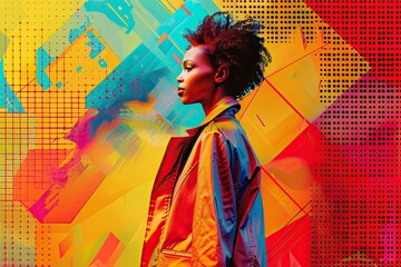 Wall Mural - Vibrant Abstract Art Background with Woman in Colorful Jacket Looking Sideways