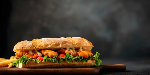 Wall Mural - Submarine-style chicken sandwich with melted cheese, vegetables, and fries. Concept Chicken Submarine Sandwich, Melted Cheese, Veggie Toppings, Crispy Fries