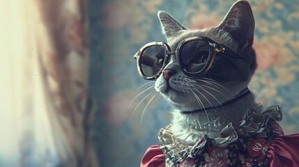 Adorable cat wearing fashionable glasses and vintage outfit, sitting gracefully by window. Retro-style feline portrait in soft lighting.