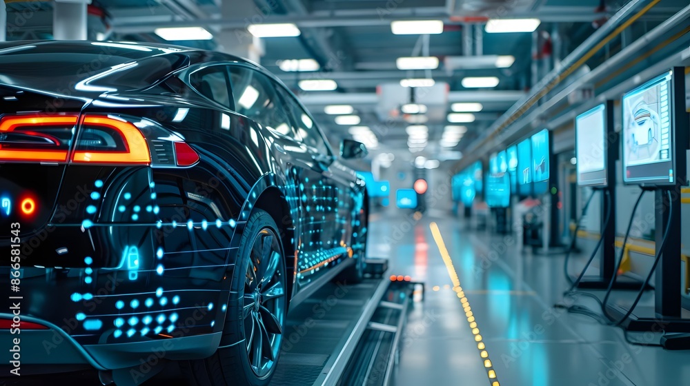 Modern electric car in a high-tech manufacturing facility showcasing ...