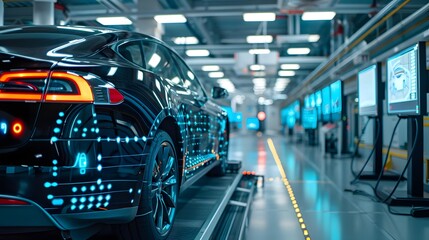 modern electric car in a high-tech manufacturing facility showcasing advanced technology and robotic