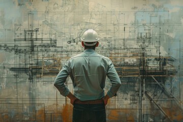 Poster - Professional male architect wearing a hardhat standing at a construction site. Overlooking a blueprint with hands on hips