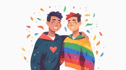 Wall Mural - Celebrating Love and Pride: Vector Illustration of Two Men Embracing with LGBT Rainbow Icon in Flat Design