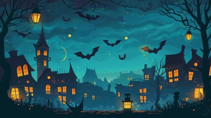 Wall Mural - Spooky Halloween Party Vector Sticker Icons Set with Pumpkin, Ghost, Castle, Black Cat, and More on a Moonlit Night - Stock Vector Illustration