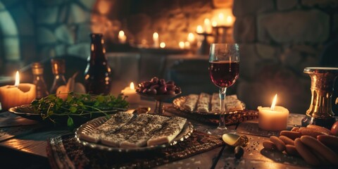 Wall Mural - A table with a wine glass and candles lit