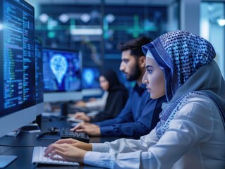 Wall Mural - A woman wearing a blue scarf is typing on a computer