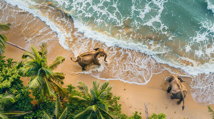 Two elephants playing by the ocean shore, captured from an aerial view, illustrating a natural scene of wildlife interaction.