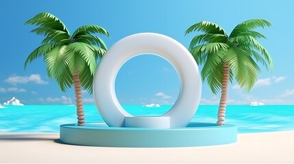 Wall Mural - Summer product stand display podium with coconut leaves, inflatable ring, on the beach. 3D rendering. Generative Ai