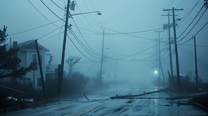 Wall Mural - Strong winds from a hurricane make power lines sway dangerously in the stormy weather.