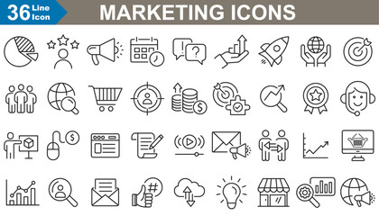 Wall Mural - marketing web icons set collection. e commerce, seo, analytics, content, growth, product, influences