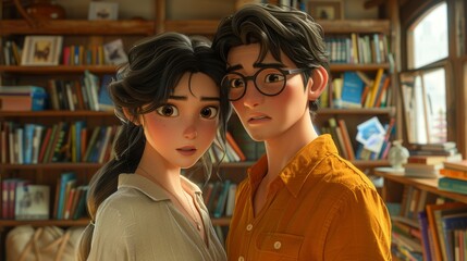 a woman and a man are having a serious conversation in a casual setting, surrounded by a bookshelf a