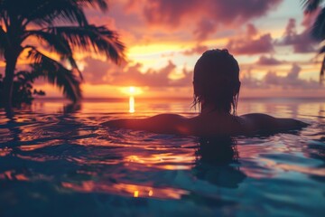 Wall Mural - back view of woman floating in a swimming pool