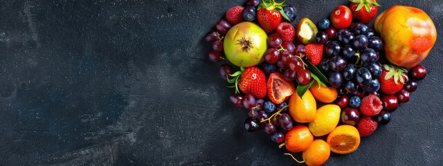 Wall Mural - heart from fruits and berries top view. Selective focus