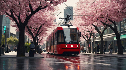 Wall Mural - Electric eco tram, streetcar driving in Japanese city downtown with pink cherry trees, motion blur. Eco friendly sustainable public transport	