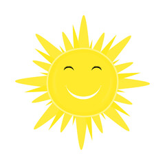 Happy smiling sun, joyful cartoon character isolated on white background. Smiling baby sun with sunbeams in flat style. Beautiful illustration for children. Colored flat vector illustration