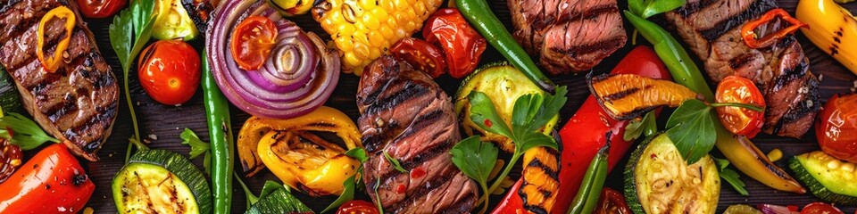 Wall Mural - steak and vegetables on the grill. Selective focus