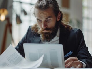 Wall Mural - A man with a beard is sitting at a desk with a laptop and a stack of papers