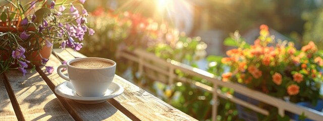 Wall Mural - a cup of coffee on a table in the garden. Selective focus