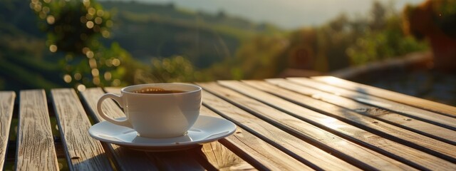 Wall Mural - a cup of coffee on a table in the garden. Selective focus