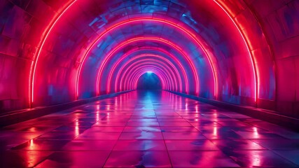 Aufkleber - A long, brightly lit tunnel with red and blue neon lights. The lights reflect off the wet floor, creating a dazzling display.