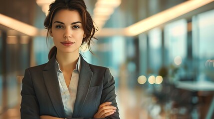 businesswoman in a dark gray suit, standing confidently in a modern office, professional attire, selective focus, corporate theme, realistic, overlay, cityscape backdrop