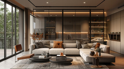Wall Mural - A modern apartment with a sleek glass and metal shelving unit.