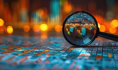 documents with magnifying glass on table, analytics data visible in background.