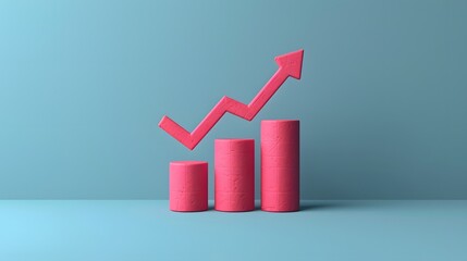 A 3D render of a pink bar graph with an upward arrow symbolizing growth and success against a blue background.