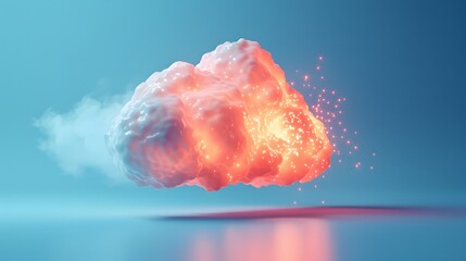 Wall Mural - A surreal cloud glowing with fiery light particles, levitating against a serene blue background, symbolizing both tranquility and energy.