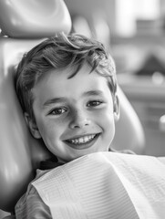 Wall Mural - A young boy is sitting in a dentist chair with a smile on his face