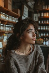 Wall Mural - A woman wearing glasses and a sweater sits in a store