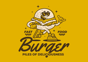 Wall Mural - Burger, pile of deliciousness. Retro mascot character illustration of burger in running pose