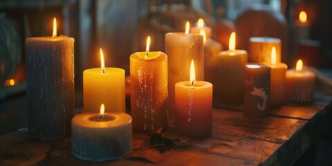 Wall Mural - A table with many candles lit up, some of which are yellow and some are red