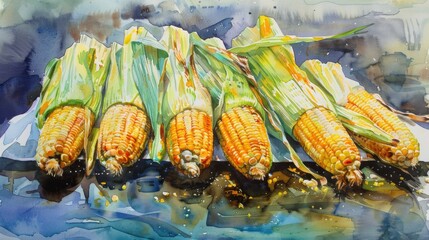 Wall Mural - A painting of several corn cobs with a blue background
