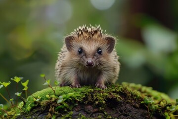 a small brown and white hedgehog is standing on a mossy log